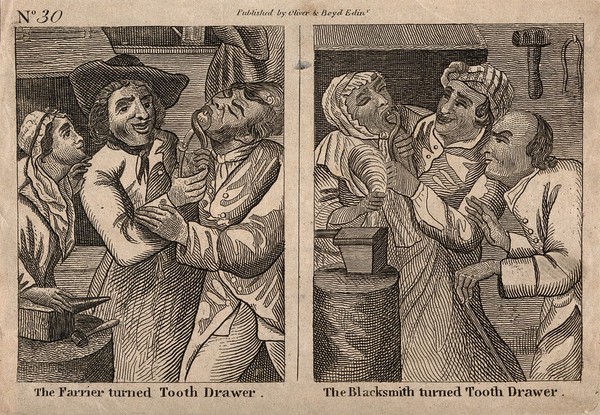 Two scenes of a farrier extracting a tooth from a male patient and a blacksmith extracting a tooth from a female patient. Etching after J. Harris the elder.