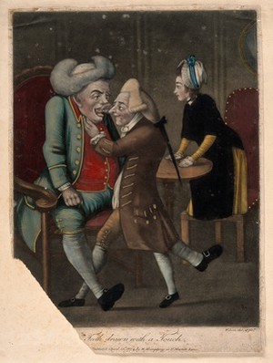 view A 'dentiste' extracting the tooth of a large well dressed gentleman. Coloured mezzotint by J. Wilson after himself, 1773.