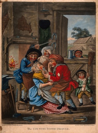A country blacksmith in his forge extracting a tooth from a woman who is being restrained and taunted by her family. Coloured mezzotint.