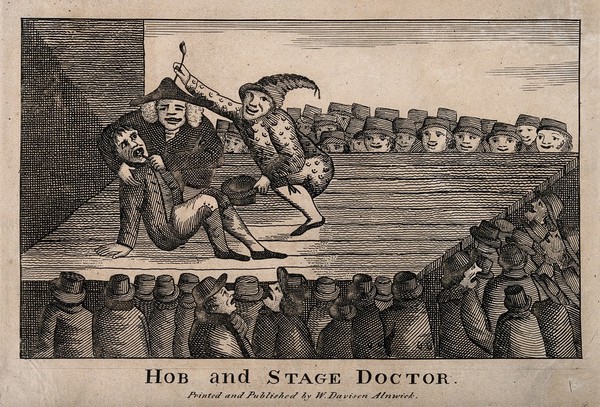 A theatrical performance of a tooth-drawer extracting a tooth from a patient, accompanied by a zany. Etching.