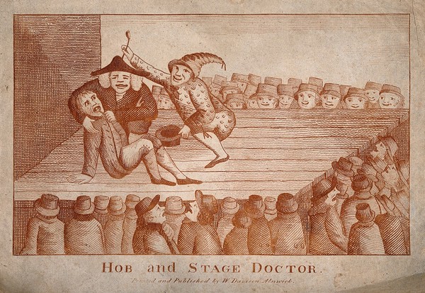 A theatrical performance of a tooth-drawer extracting a tooth from a patient, accompanied by a zany. Etching.