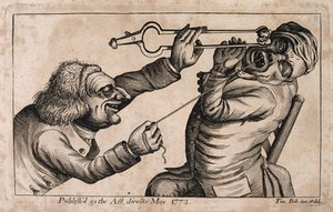 view A tooth-drawer frightening his patient with a hot coal in order to be able to extract a tooth more easily. Etching by J. Collier after himself, 1773.