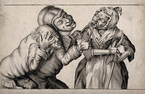 view A tooth-drawer using pincers to extract a tooth from an old woman, her husband agonizingly observes the situation. Pen drawing after J. Collier, 1773.