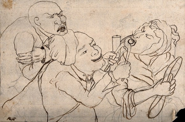 A tooth-drawer using pincers to extract a tooth from an old woman, her husband agonizingly observes the situation. Pen drawing after J. Collier, 1773.