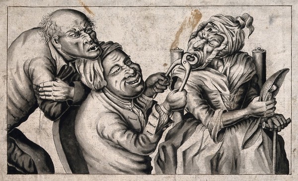 A tooth-drawer using pincers to extract a tooth from an old woman, her husband agonizingly observes the situation. Pen drawing after J. Collier, 1773.