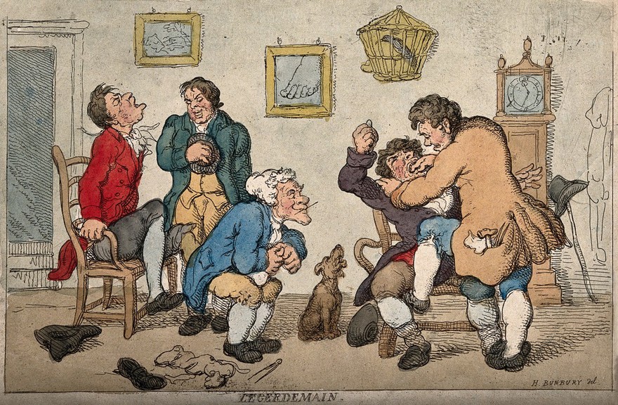 A tooth-drawer with 'lightness of hand' extracting a tooth from a protesting patient, amidst the chaos of his practice. Coloured etching after H.W. Bunbury.