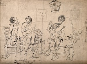 view A tooth-drawer with 'lightness of hand' extracting a tooth from a protesting patient, amidst the chaos of his practice. Etching after H.W. Bunbury.