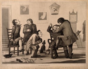 view A tooth-drawer with 'lightness of hand' extracting a tooth from a protesting patient, amidst the chaos of his practice. Aquatint by R.B. Peake after H.W. Bunbury.