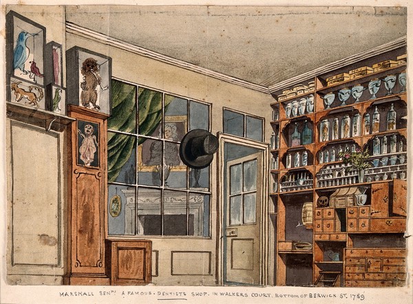 An interior of 'Marshalls', a famous dentist's shop near Berwick Street, Soho. Watercolour, 1789.