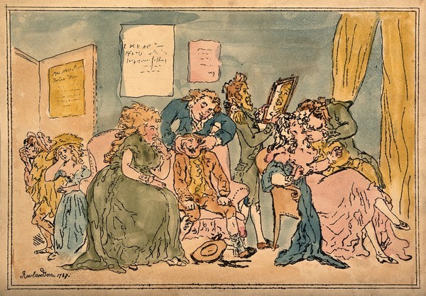 A fashionable dentist's practice: teeth are being extracted from poor children in order to create dentures for wealthy people. Coloured lithograph, n.d., after T. Rowlandson, 1787.