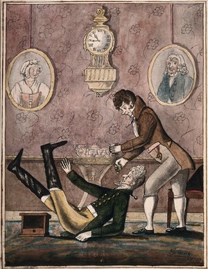 view A wealthy patient falls over having a tooth extracted with vigour by a fashionable dentist. Watercolour, 18--.