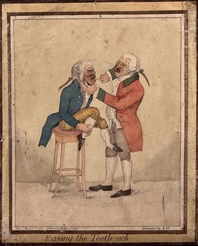 A tooth-drawer extracting a tooth from a patient who is seated on a stool. Coloured pen drawing by A.G., 1821, after J. Gillray, 1796.