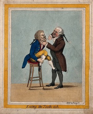 view A tooth-drawer extracting a tooth from a patient who is seated on a stool. Coloured stipple engraving by P. Maguire after J. Gillray, 1796.