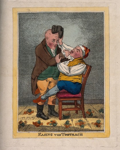 A tooth-drawer extracting a tooth from a patient who is in such pain that he pulls the tooth-drawer's wig off. Coloured etching after J. Gillray (?).