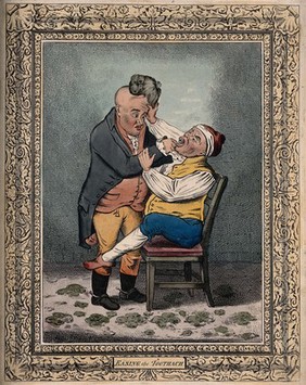 A tooth-drawer extracting a tooth from a patient who is in such pain that he pulls the tooth-drawer's wig off. Coloured etching after J. Gillray (?).