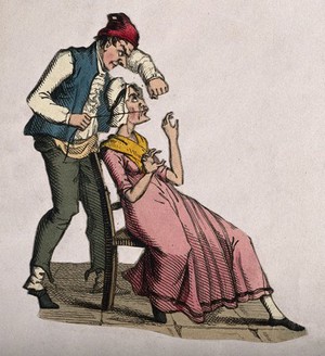 view A tooth-drawer using a cord to extract a tooth from a seated female patient. Coloured etching.