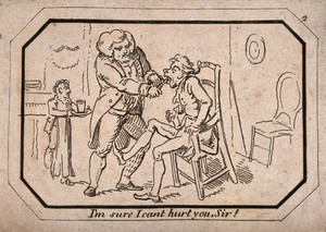 view A tooth-drawer extracting a tooth from a patient who virtually falls off his chair in pain, a servant hovers in the background. Etching.