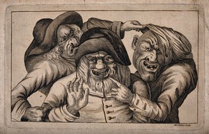 view Three grotesque old men with missing teeth grimacing and pointing at each other. Engraving by T. Sandars after J. Collier, 1773.