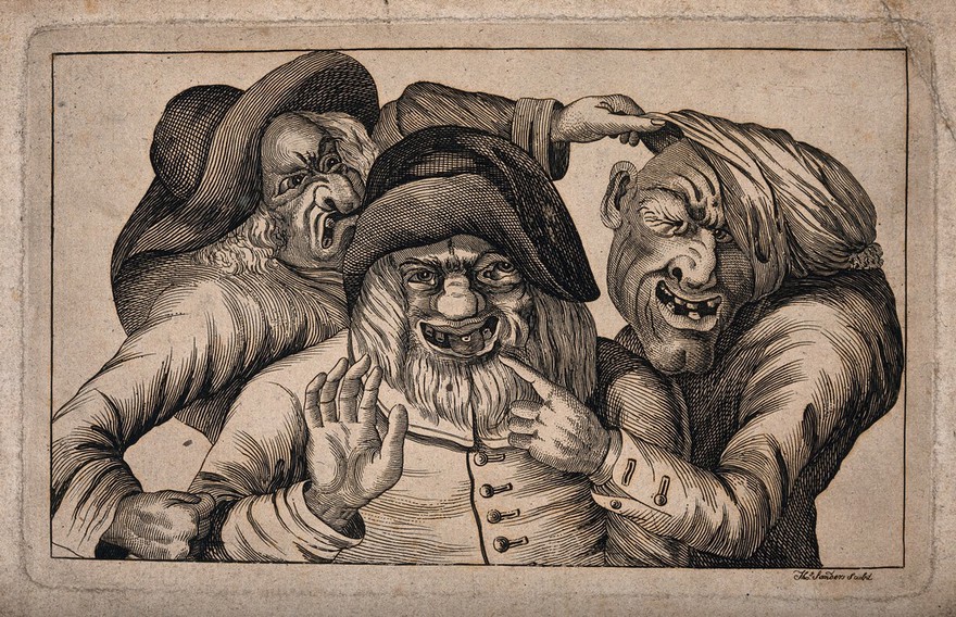 Three grotesque old men with missing teeth grimacing and pointing at each other. Engraving by T. Sandars after J. Collier, 1773.