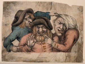 view Three grotesque old men with missing teeth pointing and grimacing at each other. Coloured stipple engraving, 1810, after J. Collier.