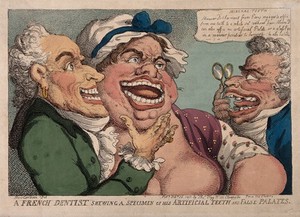 view N. Dubois de Chémant demonstrating his own and a woman's false teeth to a prospective male patient with disordered teeth. Coloured etching by T. Rowlandson, 1811.