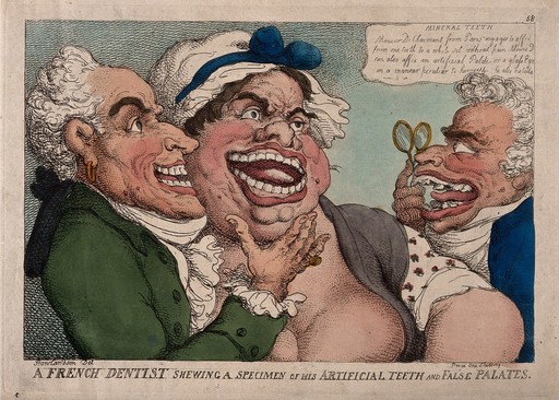 N. Dubois de Chémant demonstrating his own, and a grotesque female patient's false teeth, to a prospective male patient with grossly disfigured teeth. Coloured etching by T. Rowlandson, 1811.