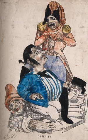 view A tooth-drawer dressed in military uniform extracting a tooth from a sailor who is being supported by another man. Coloured lithograph by G.L. (?).