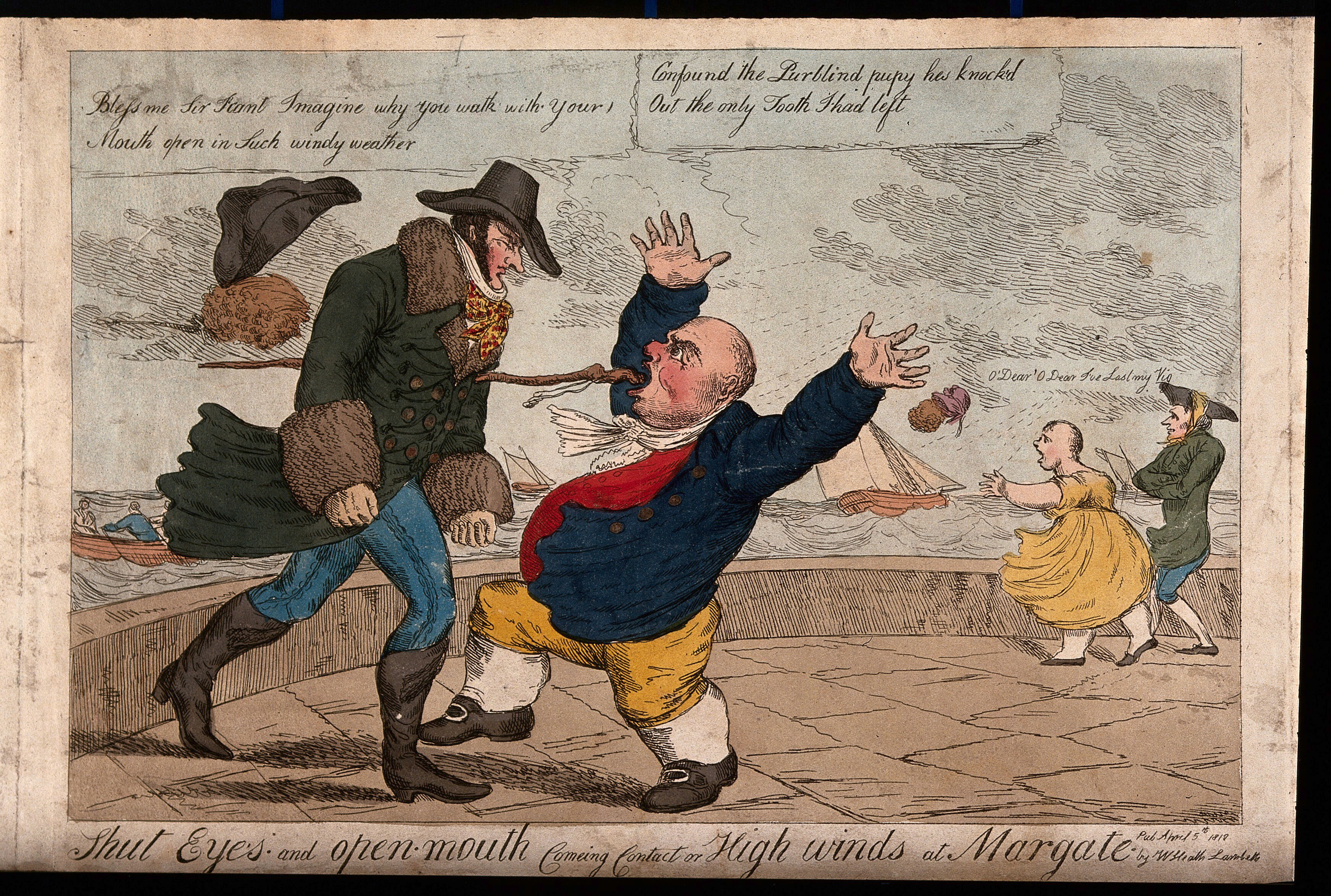 A Windy Day At Margate A Man Accidentally Bumping Into Another Man And Knocking Out His Last Tooth Coloured Etching By W Heath 1810 Wellcome Collection
