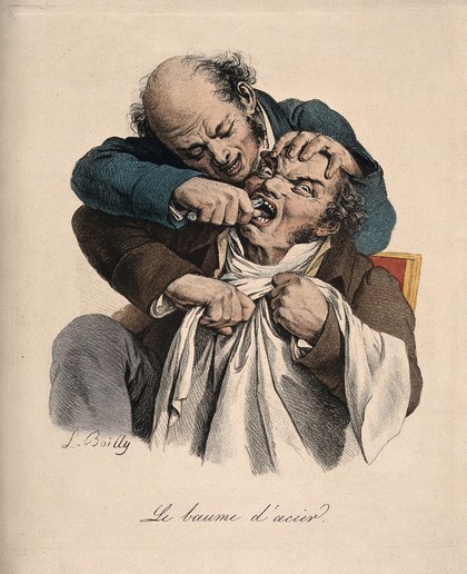 A tooth-drawer extracting a tooth from a grimacing patient. Coloured lithograph by L. Boilly.