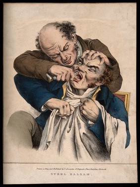 A tooth-drawer extracting a tooth from a grimacing patient. Coloured lithograph by D. Alexander, 1824, after L.L. Boilly, 1823.