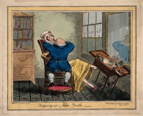 A short dentist (standing on a stool) extracting a tooth from an extremely tall lady who in her agony kicks over his work table. Coloured etching by G. Cruikshank, 1821, after A.E.