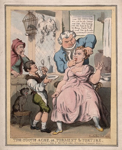A tooth-drawer in his establishment feeling the tooth of a bemused female patient, his assistant holds the pincers in readiness for extraction. Coloured etching by T. Rowlandson, 1823.