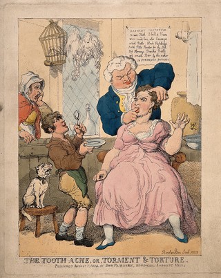 A tooth-drawer in his establishment feeling the tooth of a bemused female patient, his assistant holds the pincers in readiness for extraction. Coloured etching by T. Rowlandson, 1823.