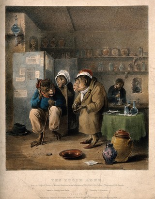 Monkeys representing human beings in a tooth-drawer's surgery. Lithograph by L. Haghe after E. Bristow, 1828.