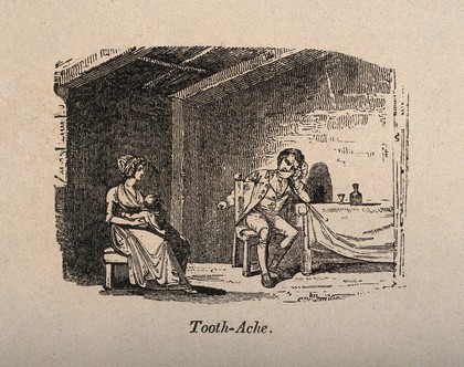 A man with the side of his face bandaged up because of toothache. Wood engraving.