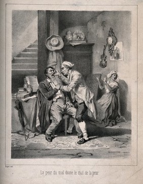 A tooth-drawer extracting a tooth from an agonized patient. Lithograph by A. Bayot.
