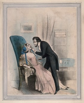A dentist looking at a tooth of a very attractive female patient. Coloured lithograph.