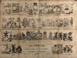 view Forty five different scenes telling the tale of a man with toothache, his various attempts at trying to cure himself and the final recourse to the dentist. Wood engraving by G. Cruikshank after H. Mayhew.