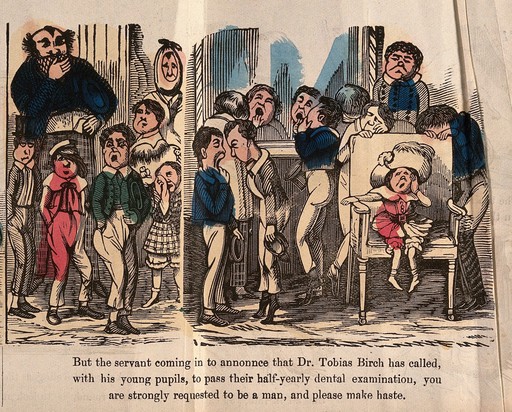 A group of school children and their teacher at the dentists for their six monthly checkup. Coloured wood engraving by G. Cruikshank(?) after H. Mayhew.