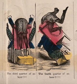 Four scenes of the beginning of a dental operation involving a dentist trying to extract a distraught patient's tooth. Coloured wood engraving by G. Cruikshank(?) after H. Mayhew.