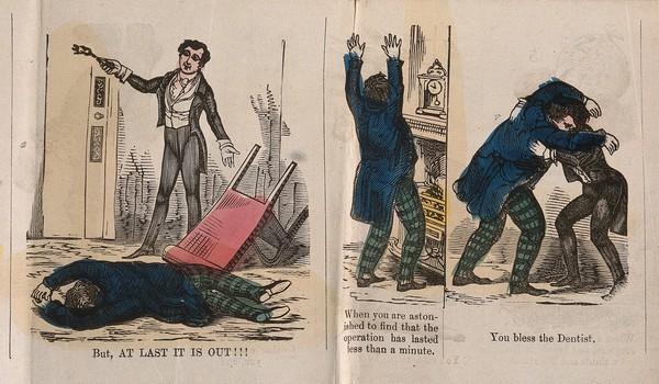 Four scenes of the beginning of a dental operation involving a dentist trying to extract a distraught patient's tooth. Coloured wood engraving by G. Cruikshank(?) after H. Mayhew.