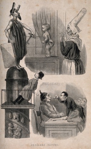 view Three vignettes relating to Georges Fattet the inventor of false teeth. Lithograph.