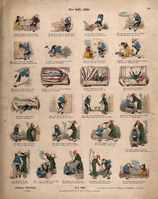 Twenty four vignettes following a story of a man with toothache, his attempts at self help and the final resort visiting the dentist. Coloured wood engraving by W. Busch, 1862.