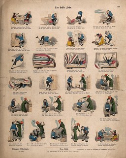 The story of a man with toothache, his attempts at self help and the final resort visiting the dental surgeon: twenty-four vignettes. Coloured wood engraving by W. Busch, 1862.