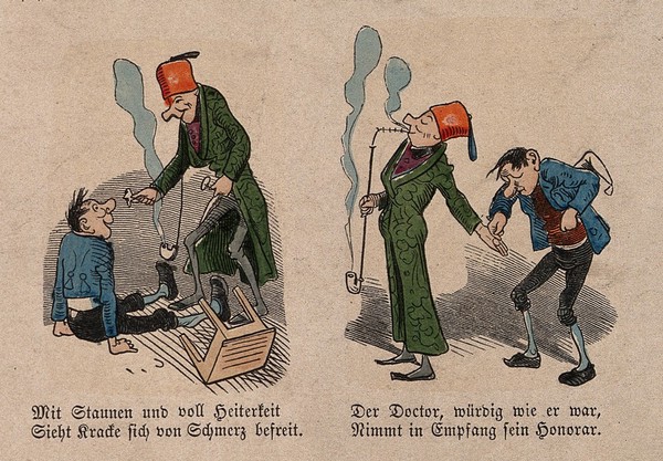 The story of a man with toothache, his attempts at self help and the final resort visiting the dental surgeon: twenty-four vignettes. Coloured wood engraving by W. Busch, 1862.