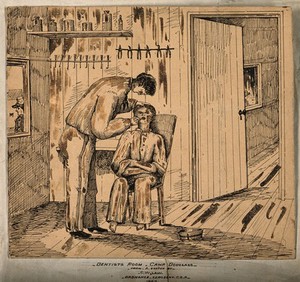 view A dentist in his surgery with patient at Camp Douglas. Pen drawing by C.W. Law, 1862.