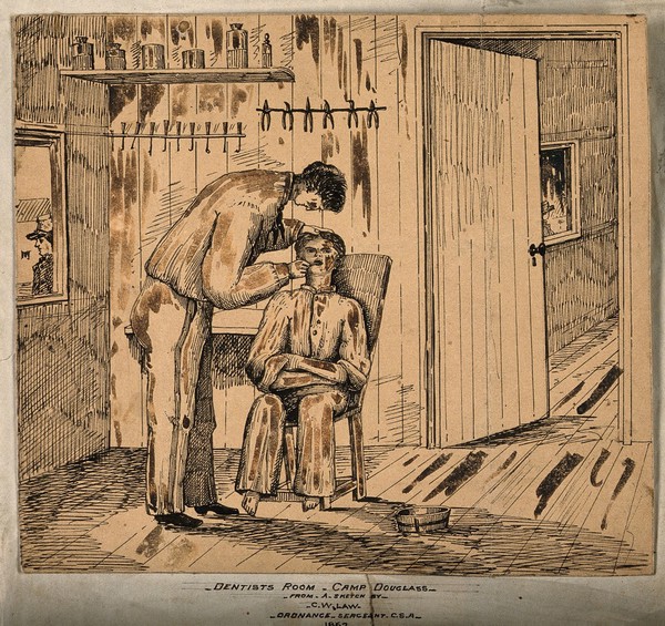 A dentist in his surgery with patient at Camp Douglas. Pen drawing by C.W. Law, 1862.