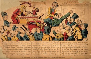 view A tooth-drawer performing to a crowd accompanied by a howling patient, a monkey and a man dressed in Roman costume. Coloured lithograph by Lavrate(?).