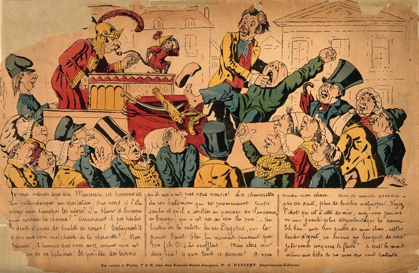 A tooth-drawer performing to a crowd accompanied by a howling patient, a monkey and a man dressed in Roman costume. Coloured lithograph by Lavrate(?).