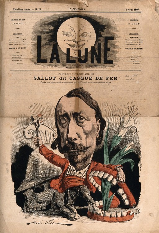 Sallot holding up a tooth and leaning on a grossly oversized set of dentures through which a fleur-de-lis is growing, in the background is a oversized skull wearing a helmet. Coloured wood engraving by Marchandeux after A. Gill, 1867.